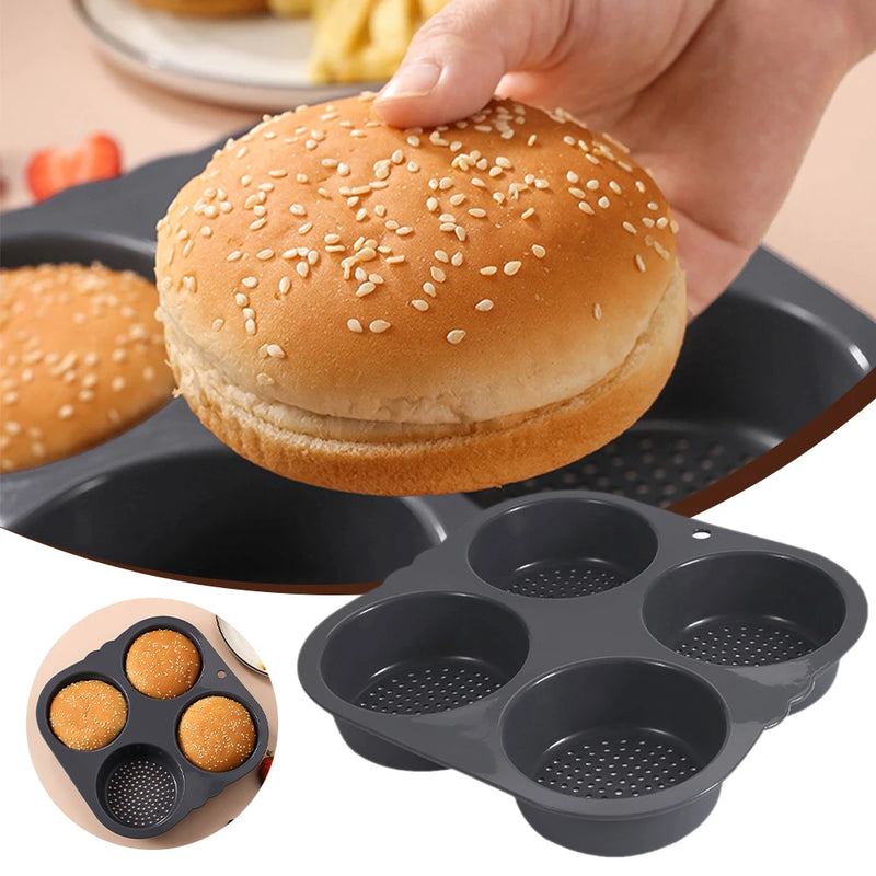 Molde de pão de hambúrguer, forma de silicone antiaderente para assar pão de hambúrguer. 
Pode levar a máquina de lavar louça seguramente. 4 cavidades para pães de hambúrguer.