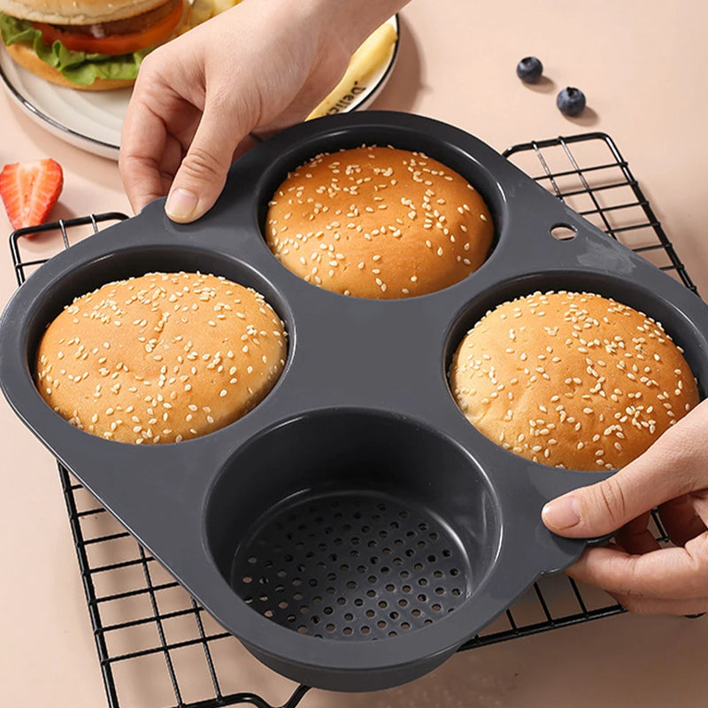 Molde de pão de hambúrguer, forma de silicone antiaderente para assar pão de hambúrguer. 
Pode levar a máquina de lavar louça seguramente. 4 cavidades para pães de hambúrguer.