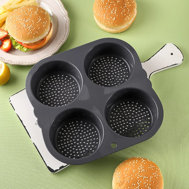 Molde de pão de hambúrguer, forma de silicone antiaderente para assar pão de hambúrguer. 
Pode levar a máquina de lavar louça seguramente. 4 cavidades para pães de hambúrguer.