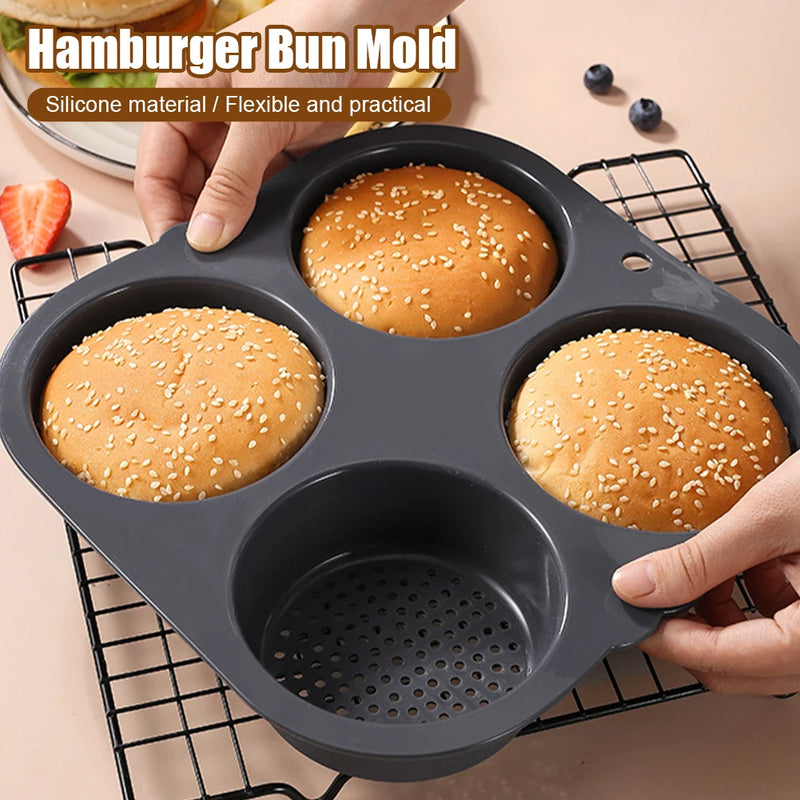 Molde de pão de hambúrguer, forma de silicone antiaderente para assar pão de hambúrguer. 
Pode levar a máquina de lavar louça seguramente. 4 cavidades para pães de hambúrguer.