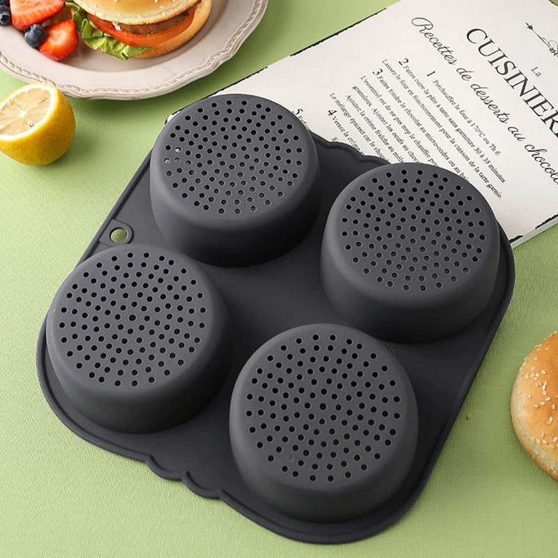 Molde de pão de hambúrguer, forma de silicone antiaderente para assar pão de hambúrguer. 
Pode levar a máquina de lavar louça seguramente. 4 cavidades para pães de hambúrguer.